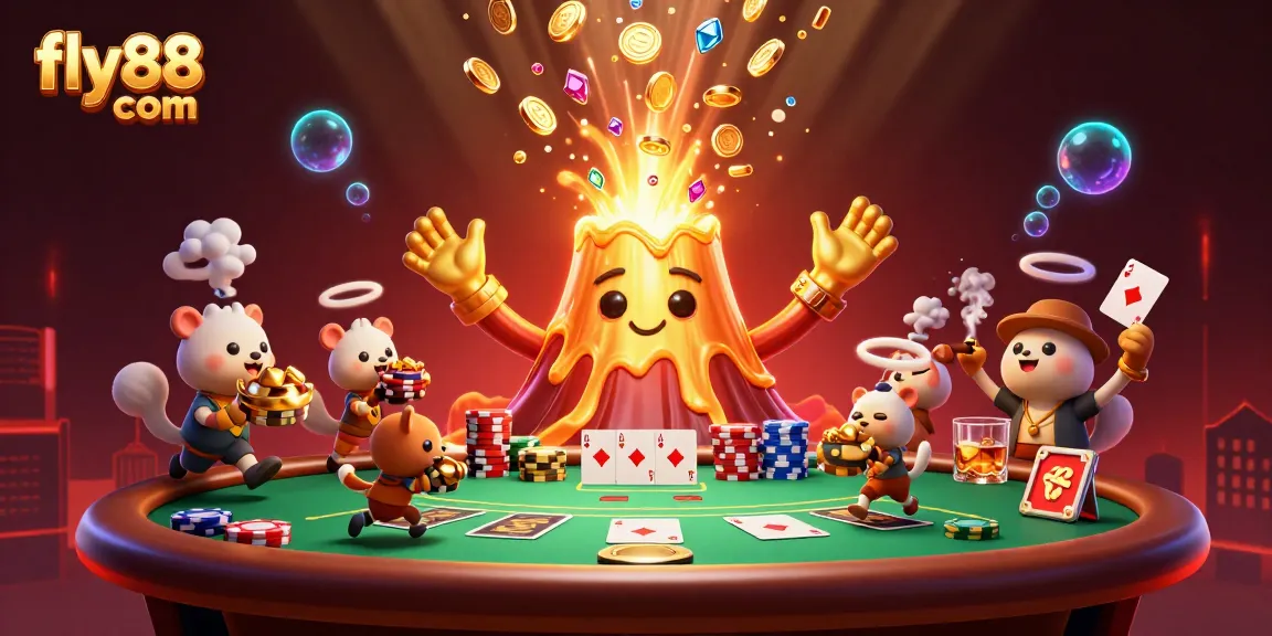 Experience the thrill of fly88 com with a dynamic scene of treasure hunters at a golden volcano amidst poker action.