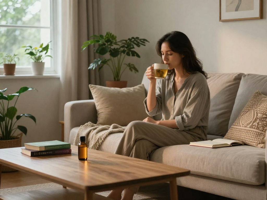 Les bienfaits du cbd en France : séance de relaxation avec thé aux herbes et huile de cbd, ambiance bien-être.