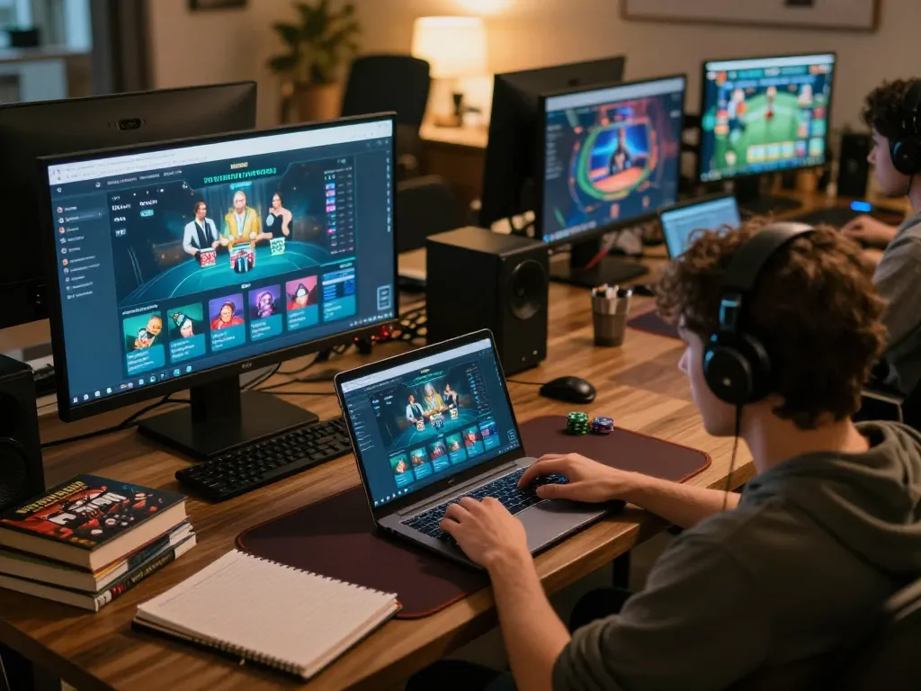 Player browsing tor hidden wiki links while playing online poker in a cozy home setup.