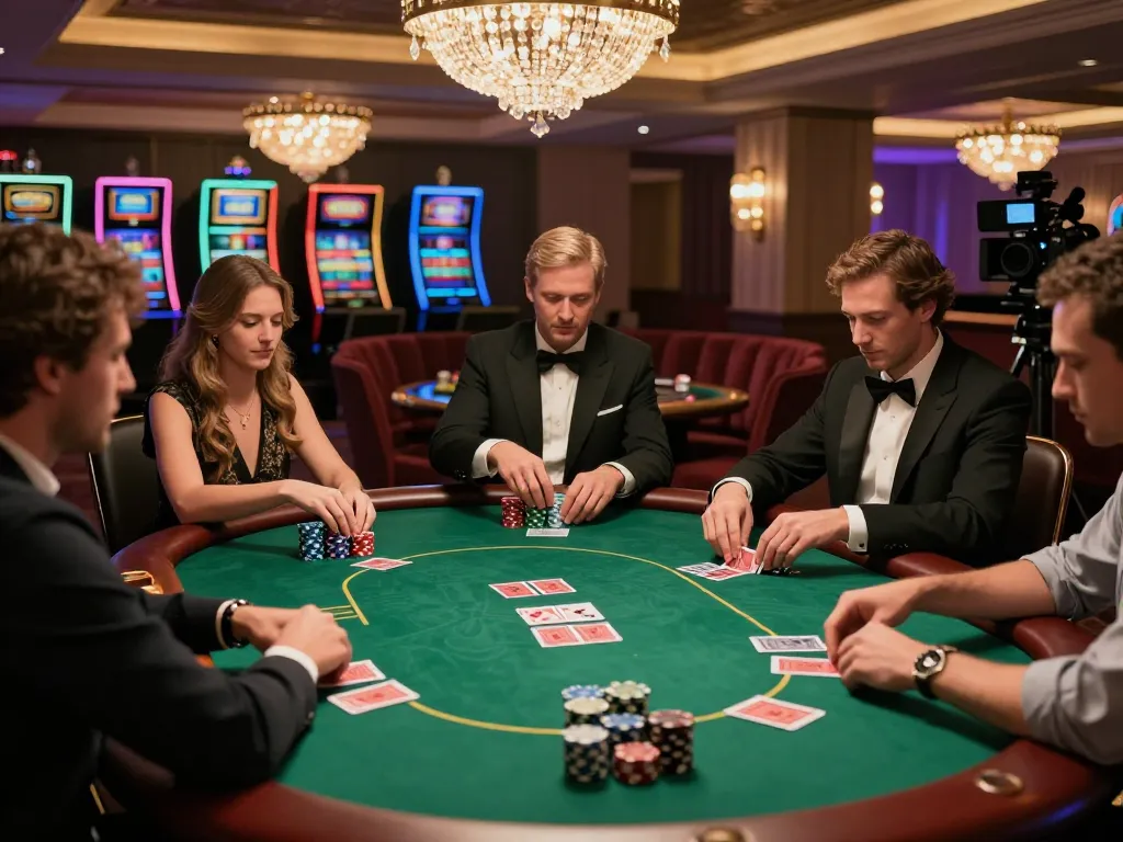 LLWIN Function highlights strategic gameplay at an engaging poker table in a sophisticated casino setting.