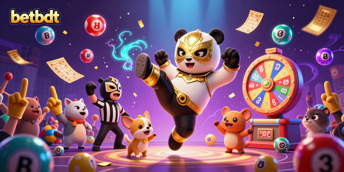 Experience thrilling action with betbdt as a panda wrestler kicks in a vibrant casino scene.