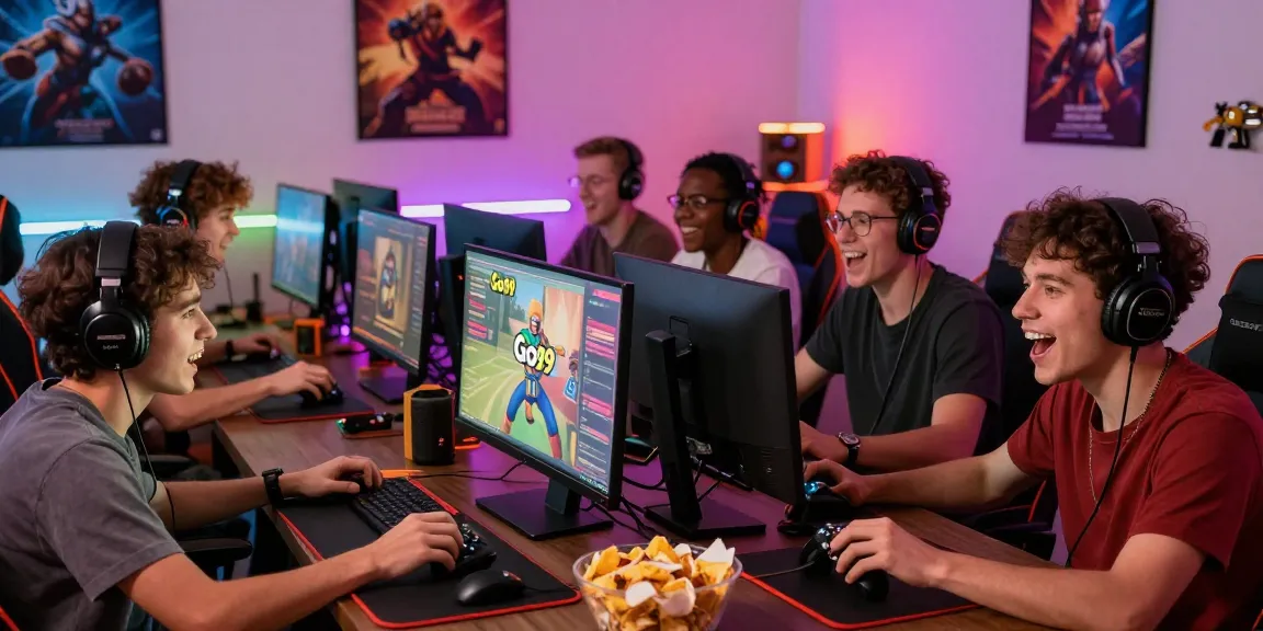 Engaging Go99 gaming scene with friends enjoying an online session, showcasing vibrant atmosphere and interactive setup.