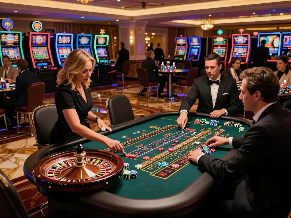 Go8 players strategizing bets at a vibrant roulette table in a luxurious casino setting.