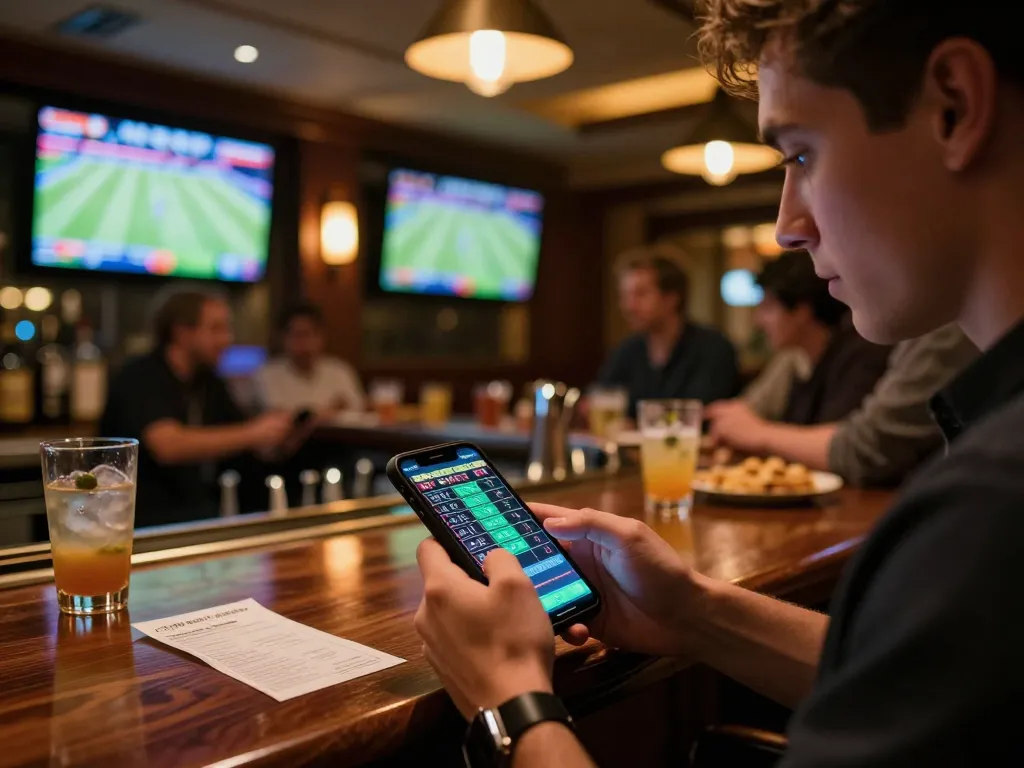 Person placing a keonhacai bet on smartphone while enjoying a vibrant sports bar atmosphere.