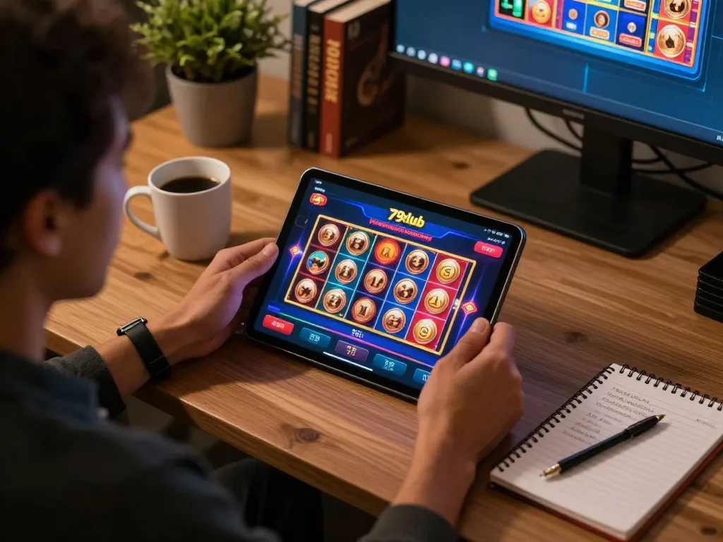 Engaging in thrilling online gaming at 79club with a tablet and betting strategies in a cozy setting