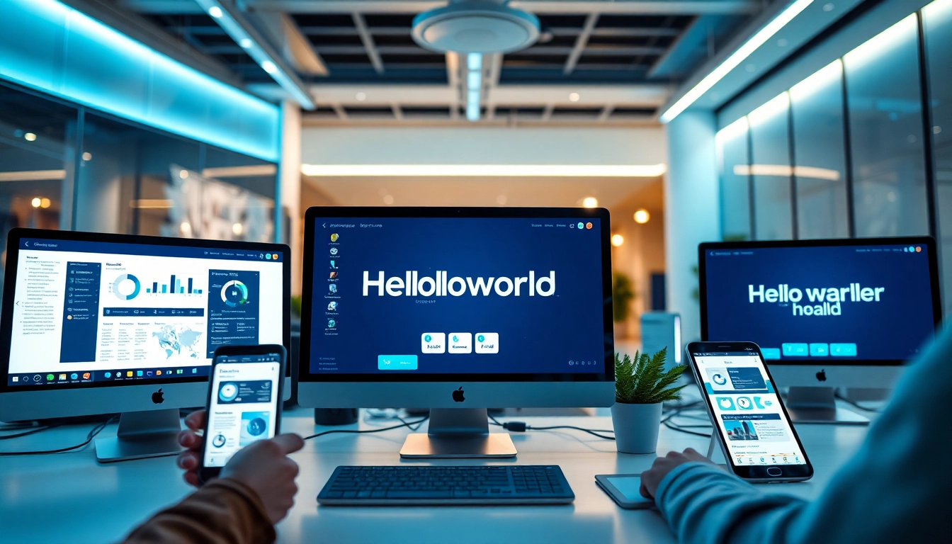 HelloWorld software interface showcased in a modern workspace for seamless global communication.