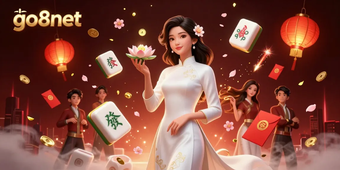 Engage with the vibrant go8net casino experience featuring rich elements and a serene Asian woman.