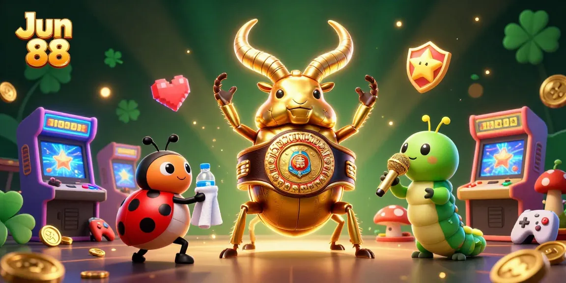 Engage with Jun 88 in a vibrant casino scene featuring arcade elements and a showdown among cartoon characters.