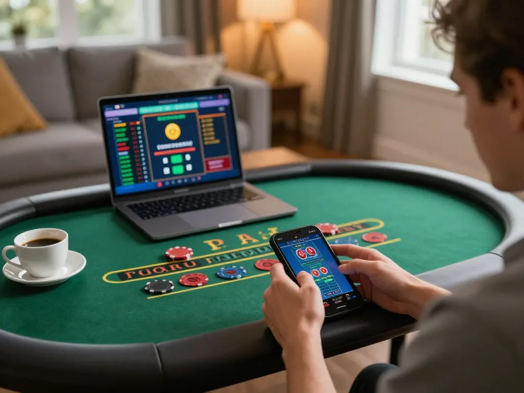 Engaging in mobile gaming on o8 while watching a live dealer baccarat game, showcasing a cozy home environment.