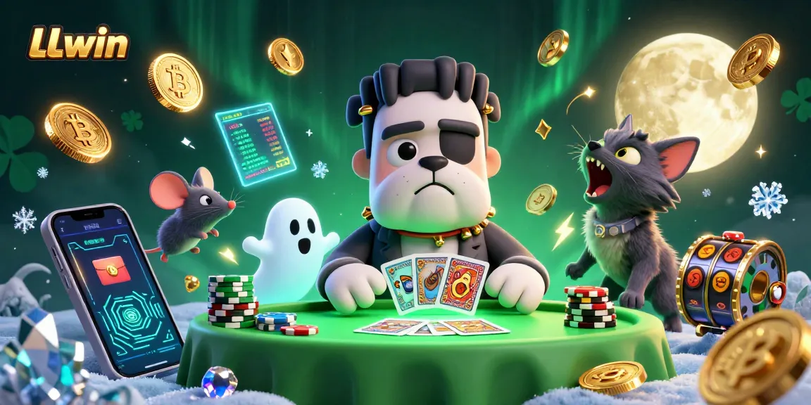 Engage with LLwin as the Frankenstein bulldog deals cards, illuminated by a spooky table with crypto elements.