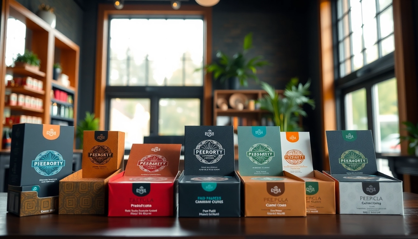 Showcasing creative pre-roll boxes arranged in a modern shop for cannabis enthusiasts.