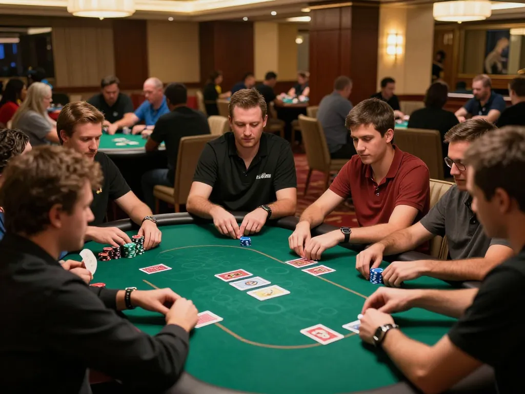 Players strategizing around a poker table at DA88, showcasing intense gameplay and excitement.