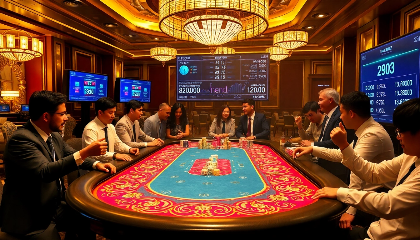 Players engaged at a Tài Xỉu MD5 gaming table, showcasing excitement and transparency in gambling.