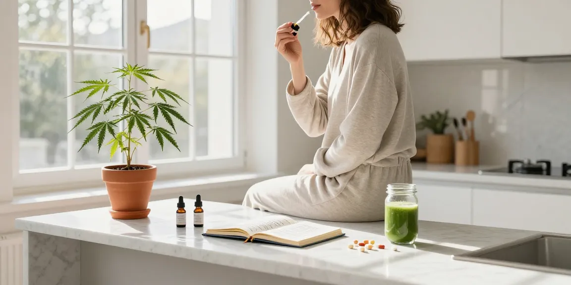 Living Soil für Cannabis und hochwertiges CBD-Öl in heller Küche, nachhaltiger Wellness-Stil.