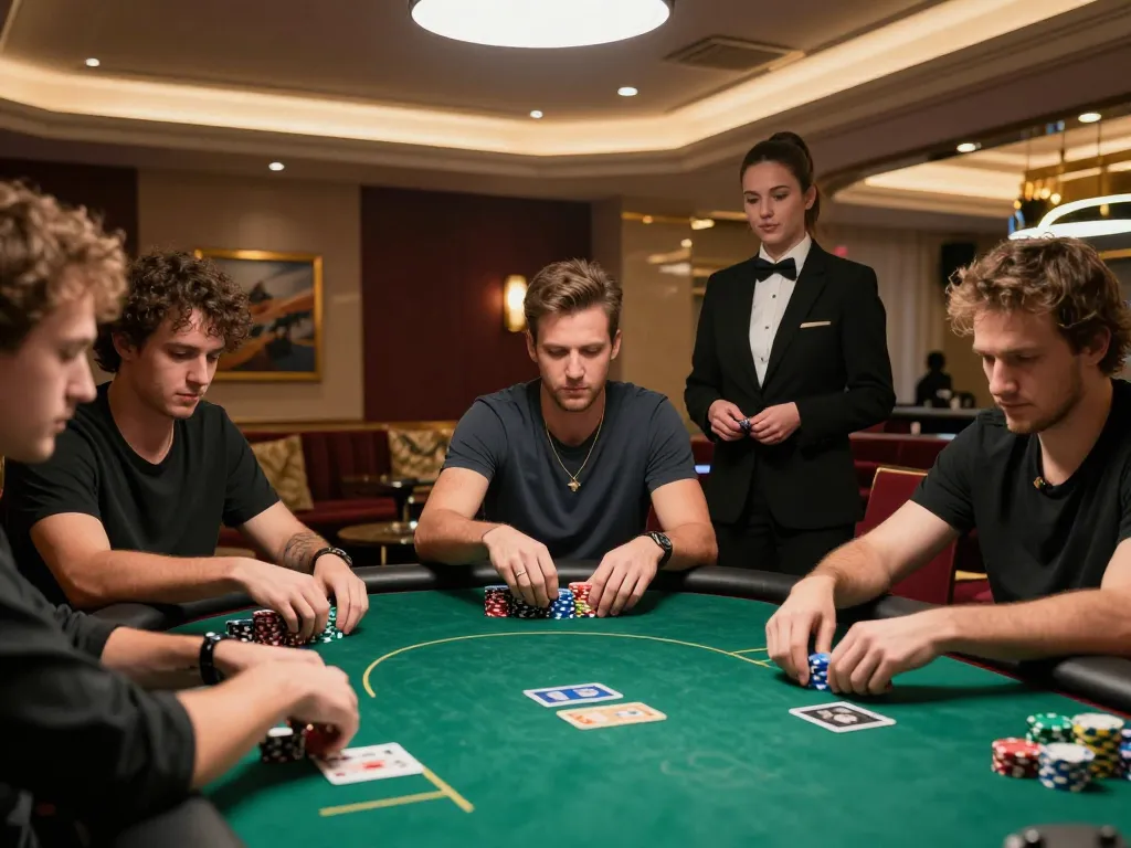 Players engage intensely in a fly88 poker game, showcasing strategic moves and colorful chips on the table.