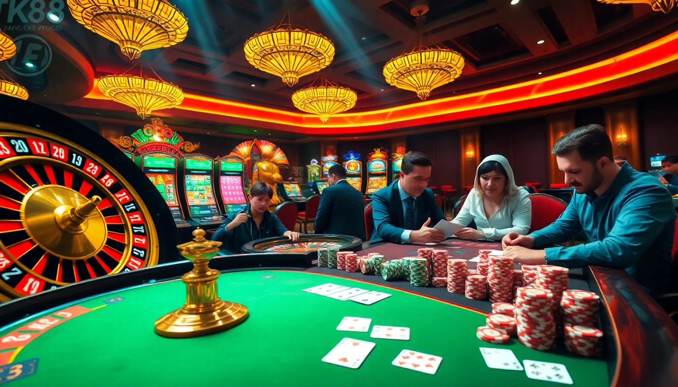 Experience the thrill of Nhà cái TK88 with a vibrant casino scene featuring roulette, poker, and slot machines.