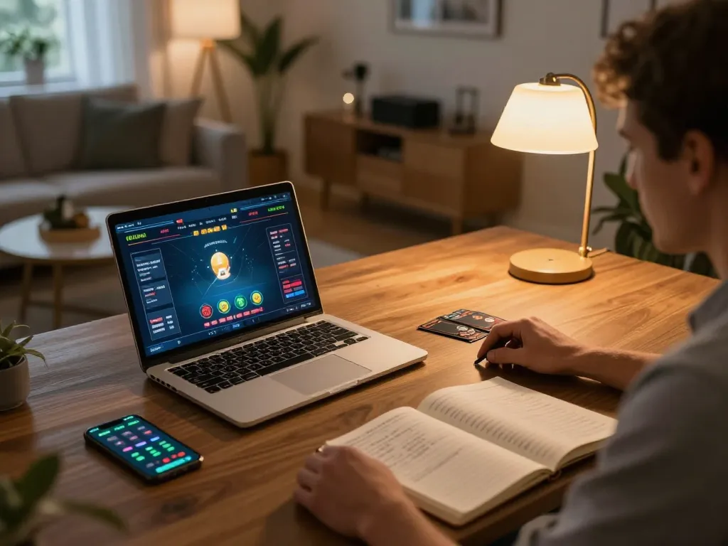 Playing poker online at home with vipwin79, showcasing a cozy gaming setup with strategies and gameplay details