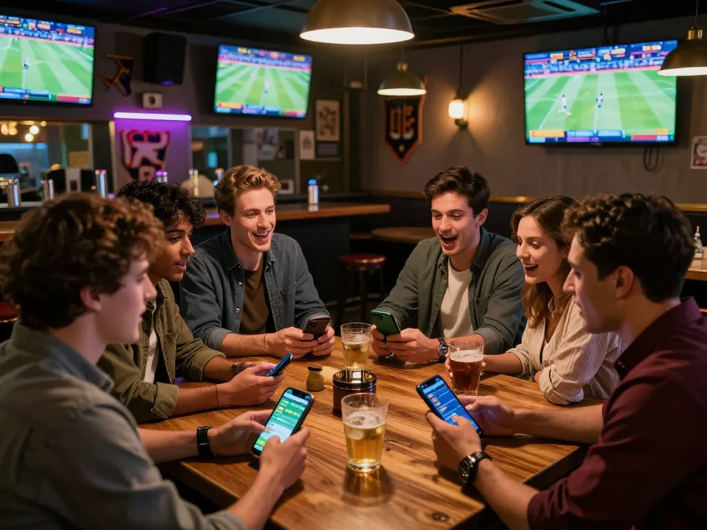 Excited friends engaging in sports betting at a bar, showcasing 28bet app on smartphones amid lively atmosphere.
