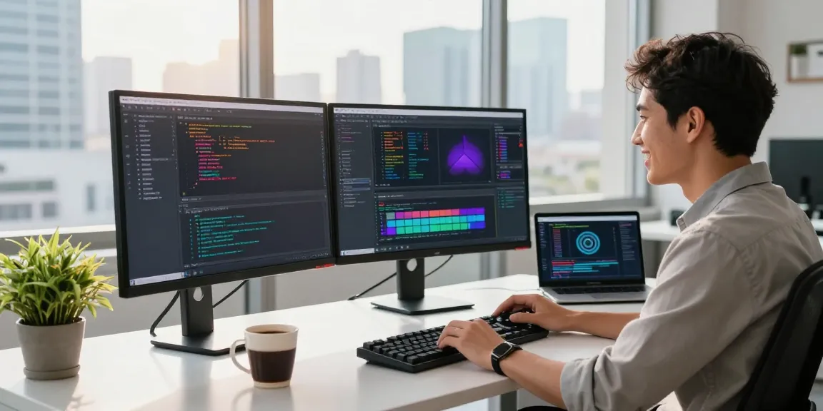 Innovative workspace showcasing a developer at work on the WPS Official Website, with coding interfaces and vibrant atmosphere.