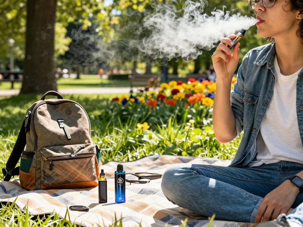 Individual enjoying Hitz infinity Gen 7 vape in a sunny park setting.