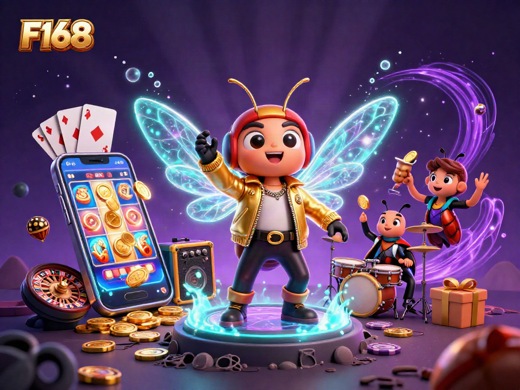 Experience vibrant game action with F168's unique 3D illustration of a casino rock star performance.