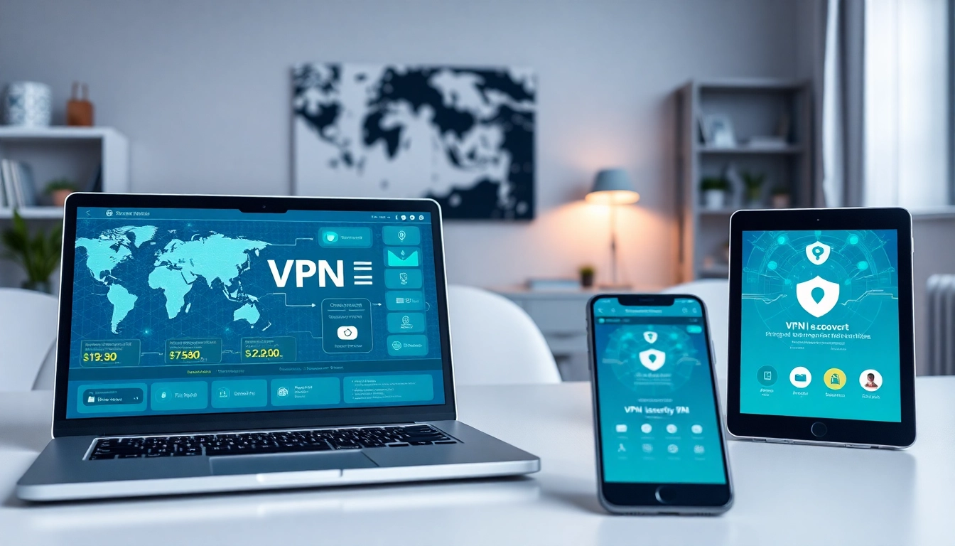快连下载 VPN application interface displayed on multiple devices in a modern home office.