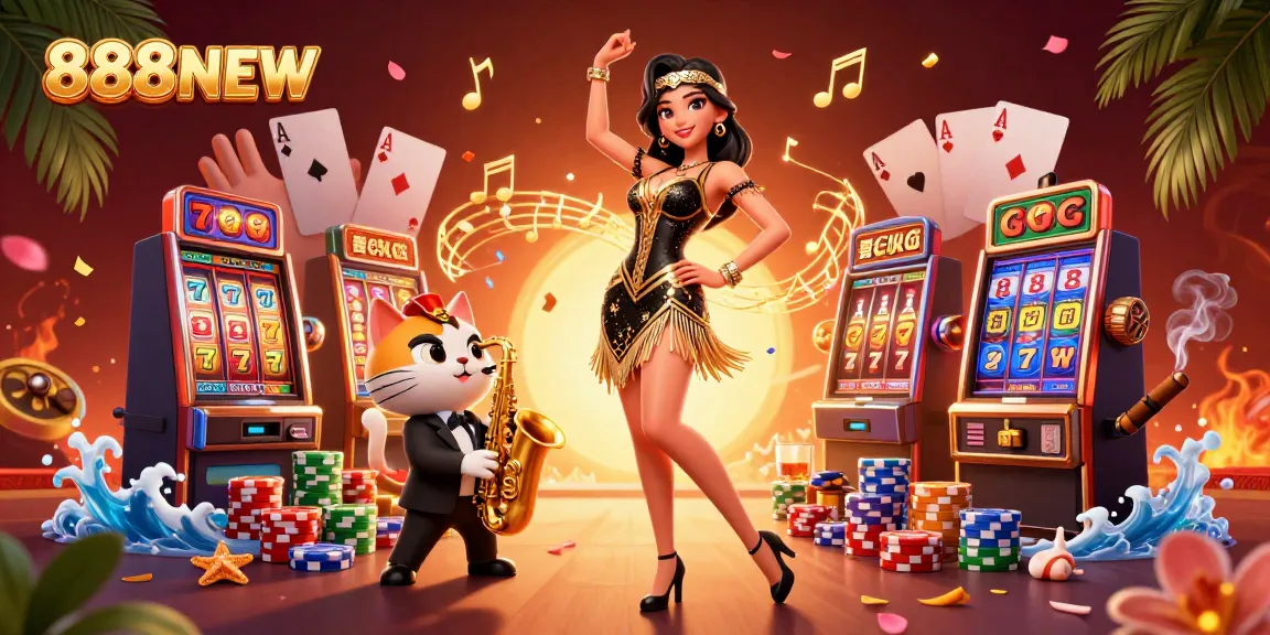Experience the excitement of 888NEW with vibrant slot reels and animated characters in a festive casino ambiance.