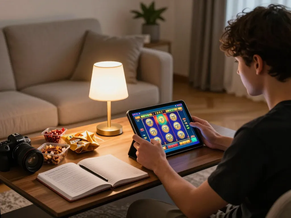 Player enjoying exciting gameplay on slot777 tablet amidst cozy home atmosphere