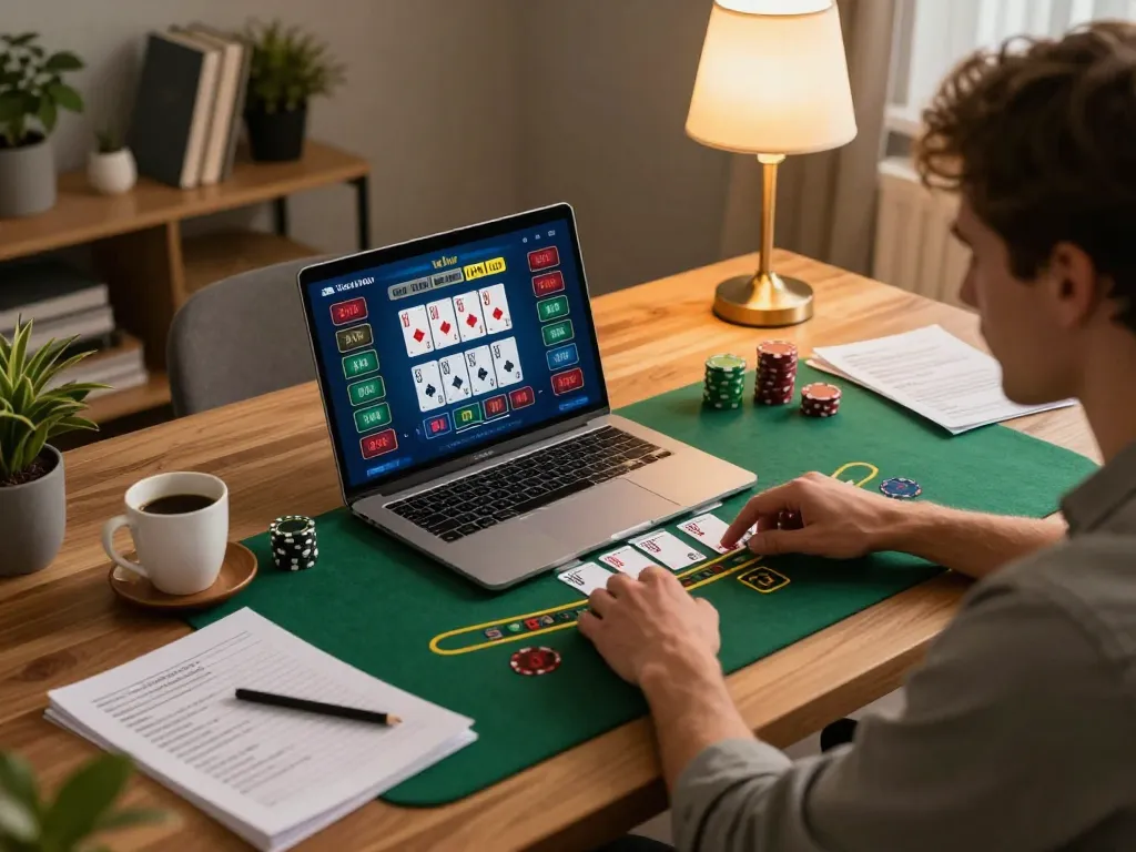 Engaging in a go8 blackjack game on a laptop, showcasing strategic betting and responsible gaming.