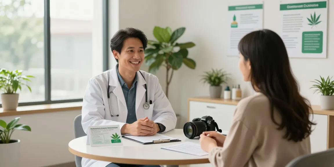 Patient discussing options for a medical marijuana card in a welcoming consultation office.