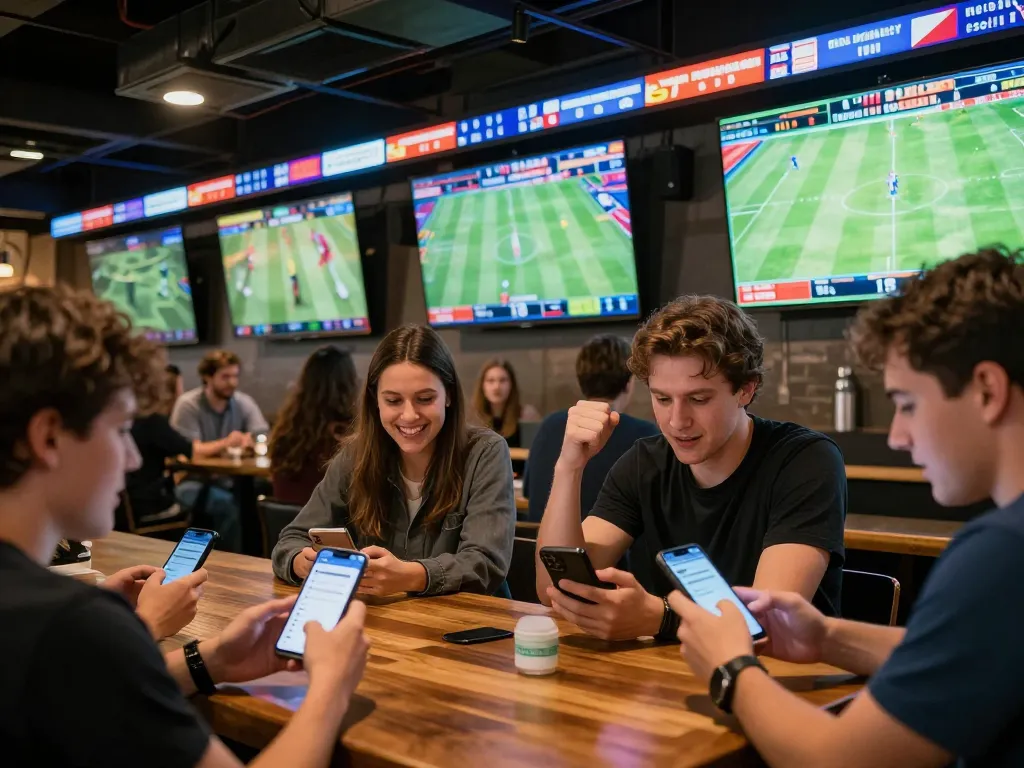 Sports enthusiasts engaging in betting activities on OKFUN platform while cheering for their teams in a lively sports bar atmosphere.