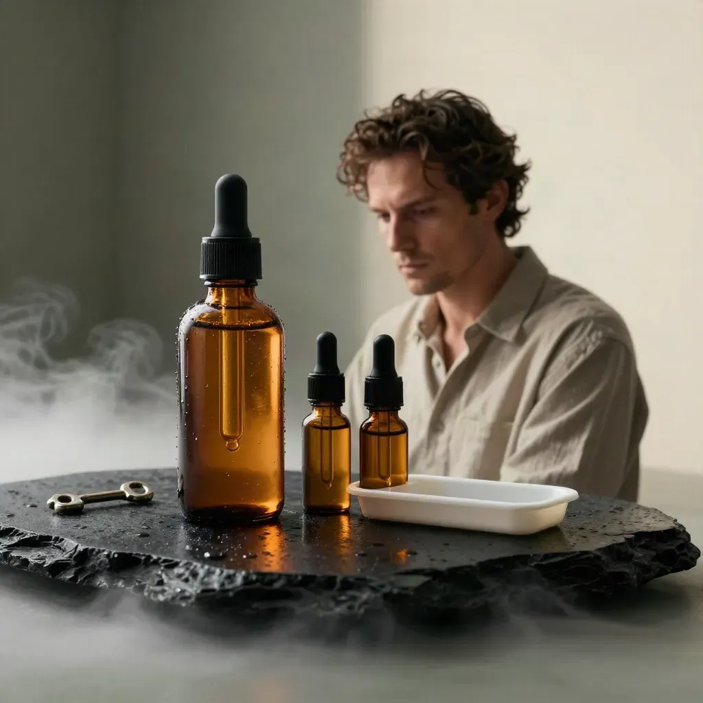 Amber tincture kit with two companion bottles on damp black stone, lit by cool rim light.