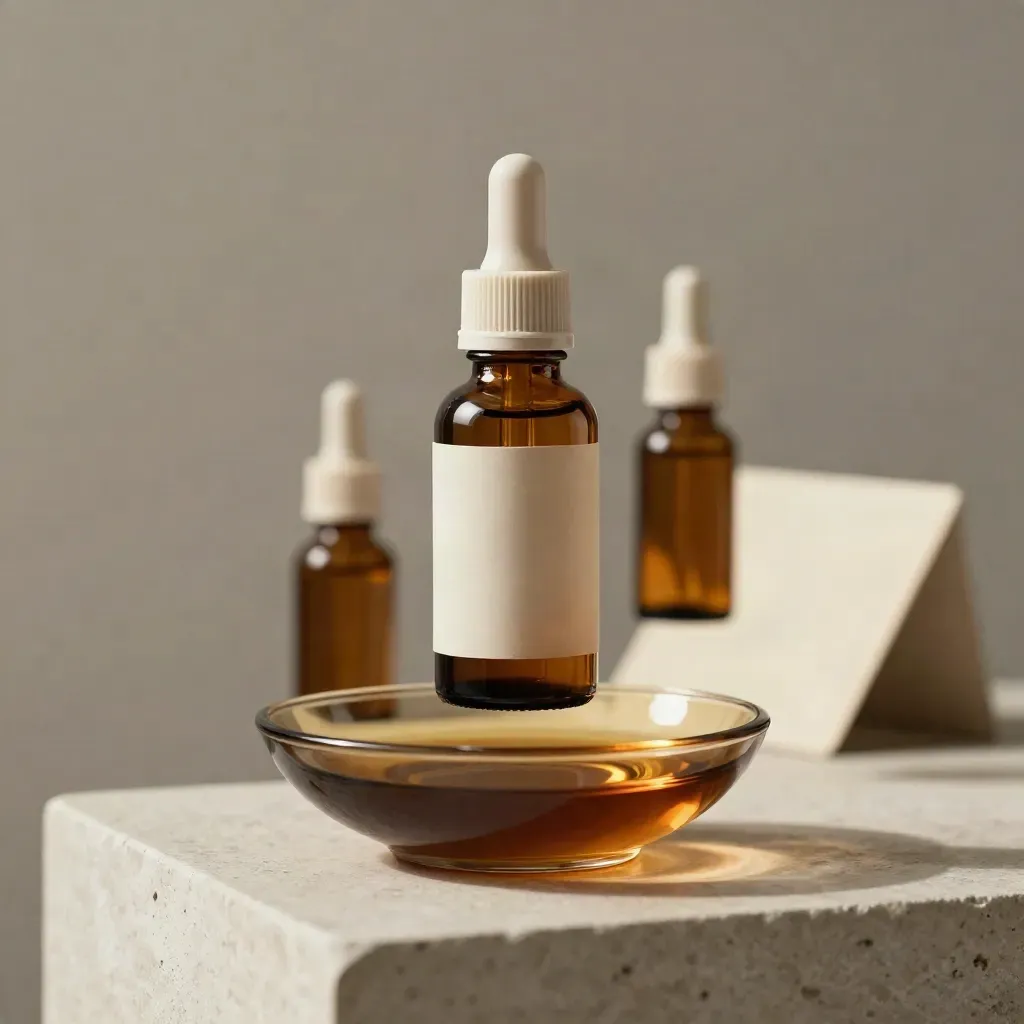 Floating amber CBD tincture bottle with two backups and a shallow amber dish on pale stone.