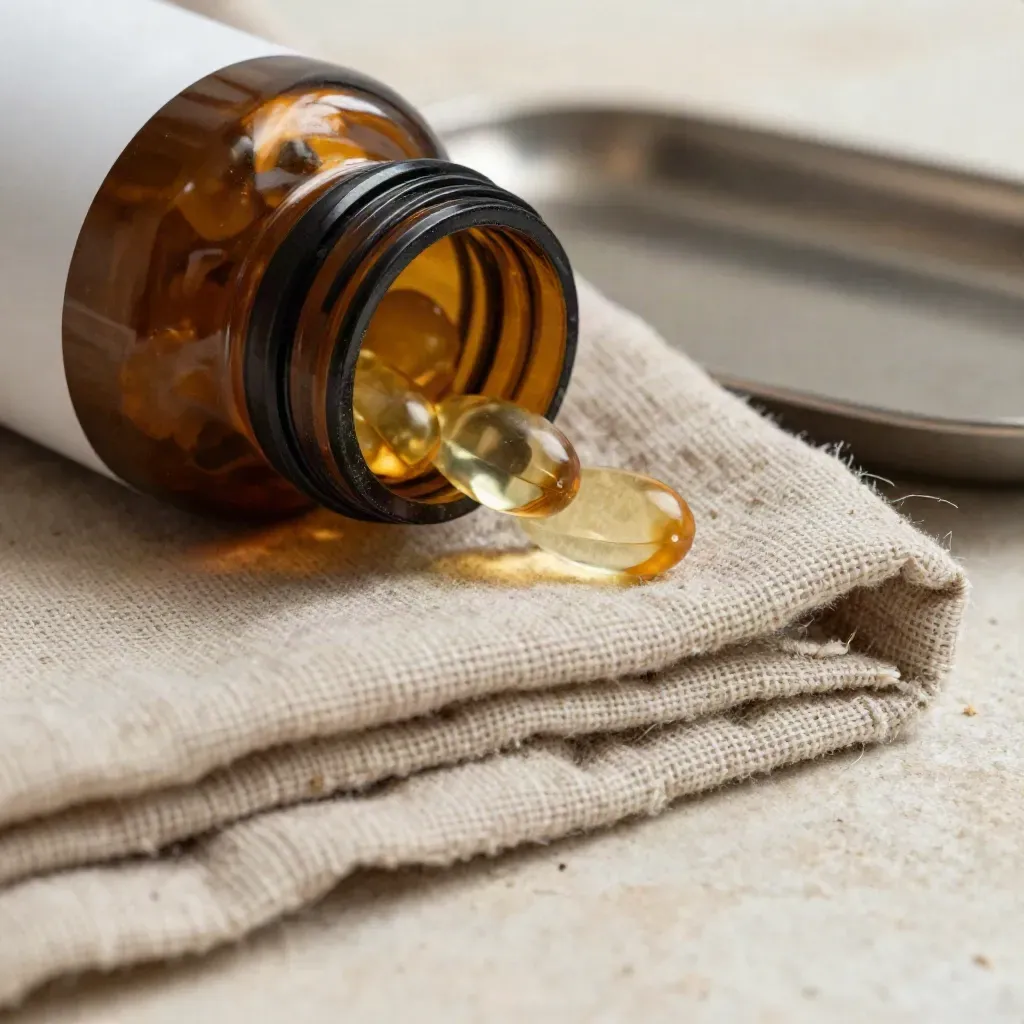 Macro of a plain CBD capsule bottle, softgels and folded linen in soft light.