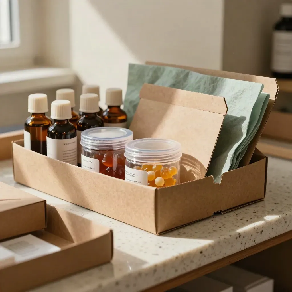 Wholesale CBD bundle of tinctures, gummies, and capsules in kraft trays on a travertine counter.