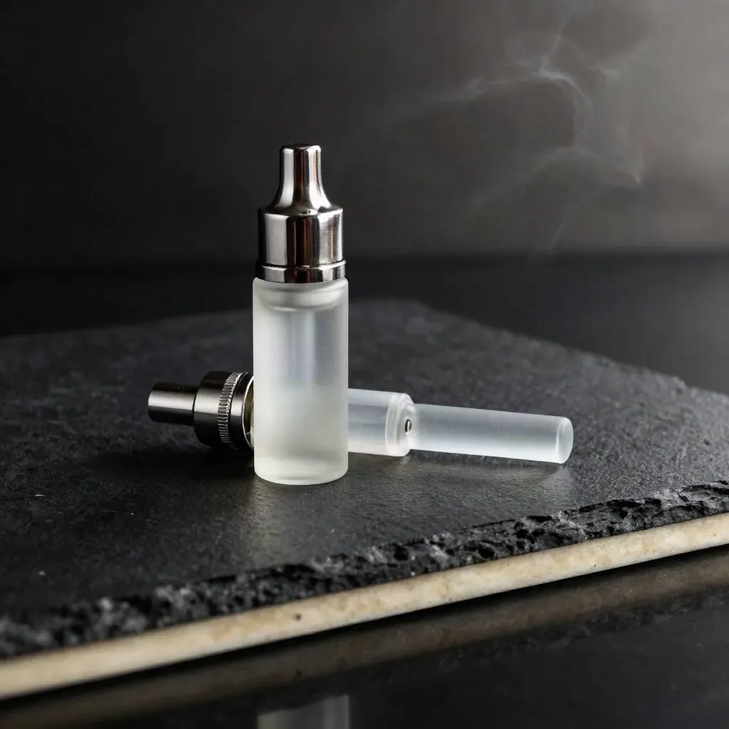 Frosted mint vape oil bottle with cartridge, metal cap, and cool vapor on dark stone.