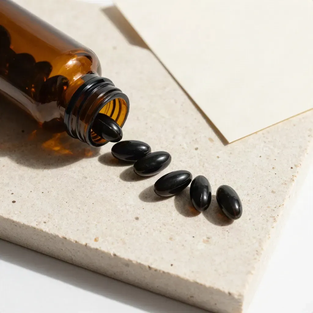 Top-down softgels bottle and crescent capsules on pale stone, with a charcoal cap