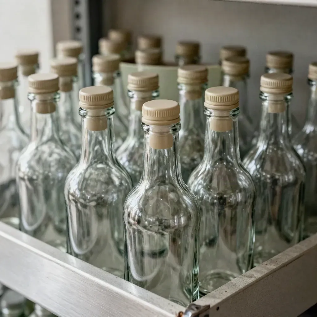 Macro rows of clear wholesale glass bottles with caps on a pale concrete shelf.