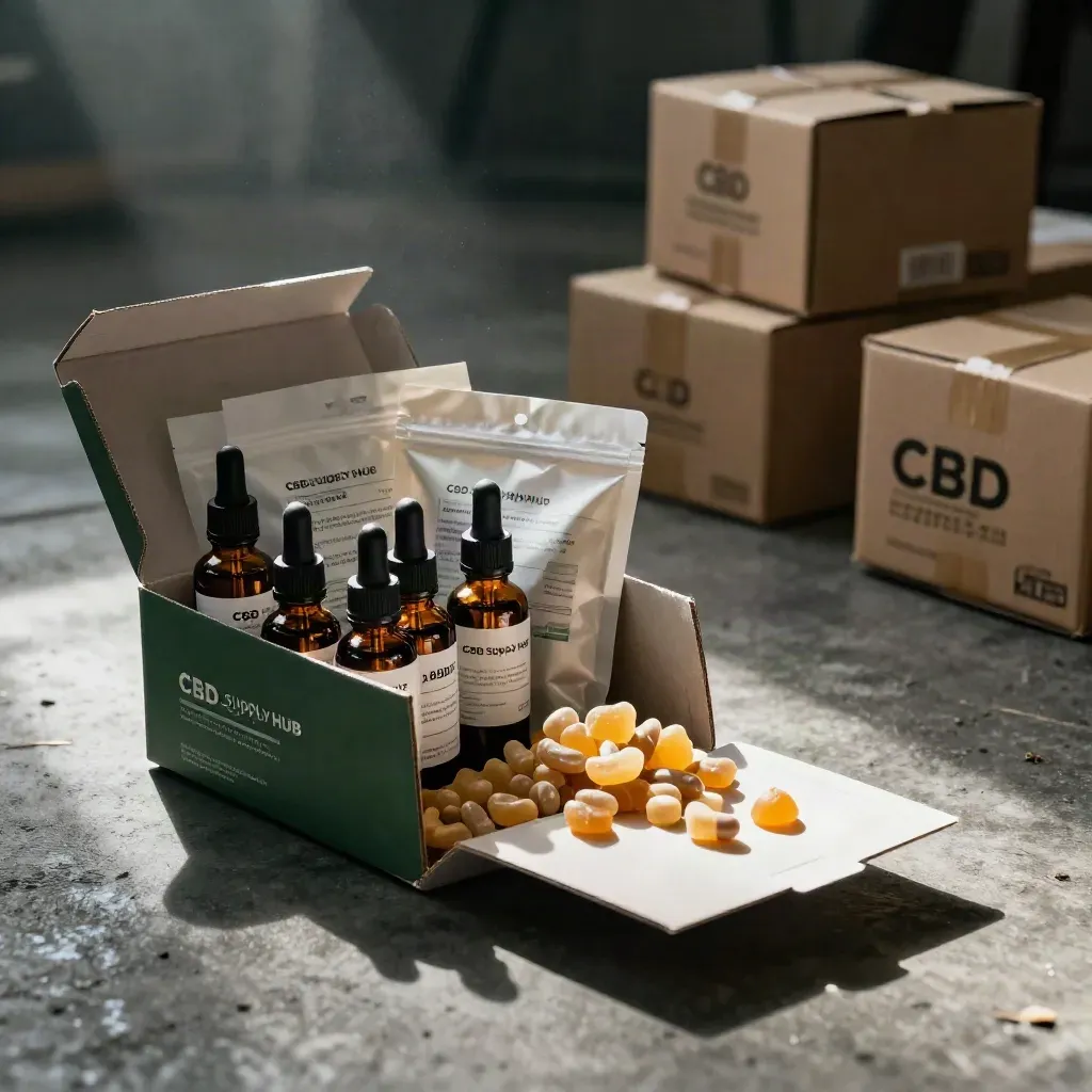 Open wholesale box with tincture bottles, gummy pouches, capsule bottles and inserts on a charcoal floor.
