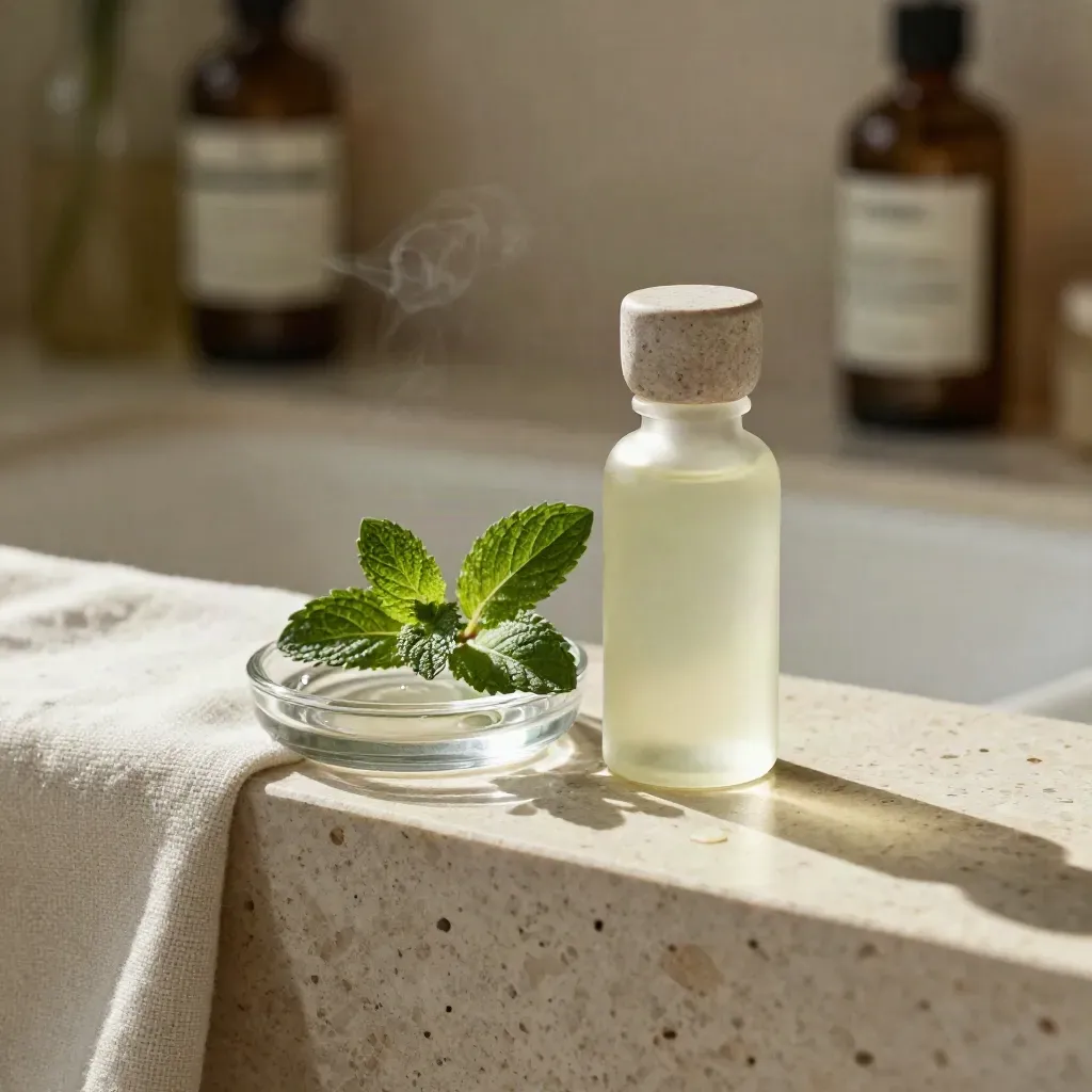 Peppermint tincture bottle with mint sprig and glass dish on stone in soft daylight.
