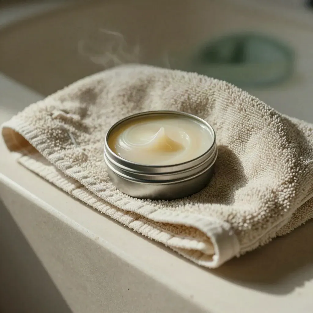 Open balm tin with swirled surface beside a cream towel in soft macro light