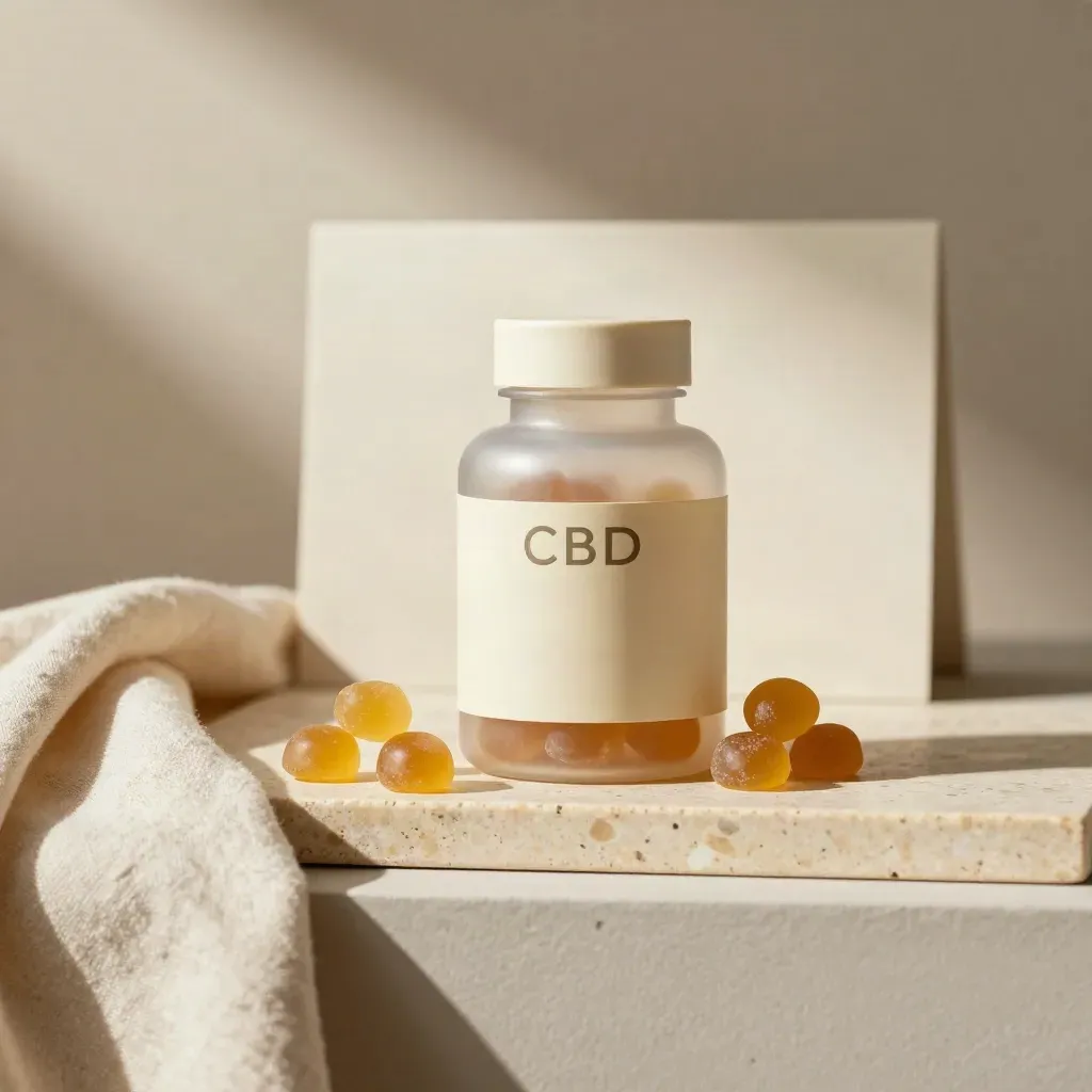 CBD sleep gummies bottle with rounded gummies on a cream plinth in soft studio light.