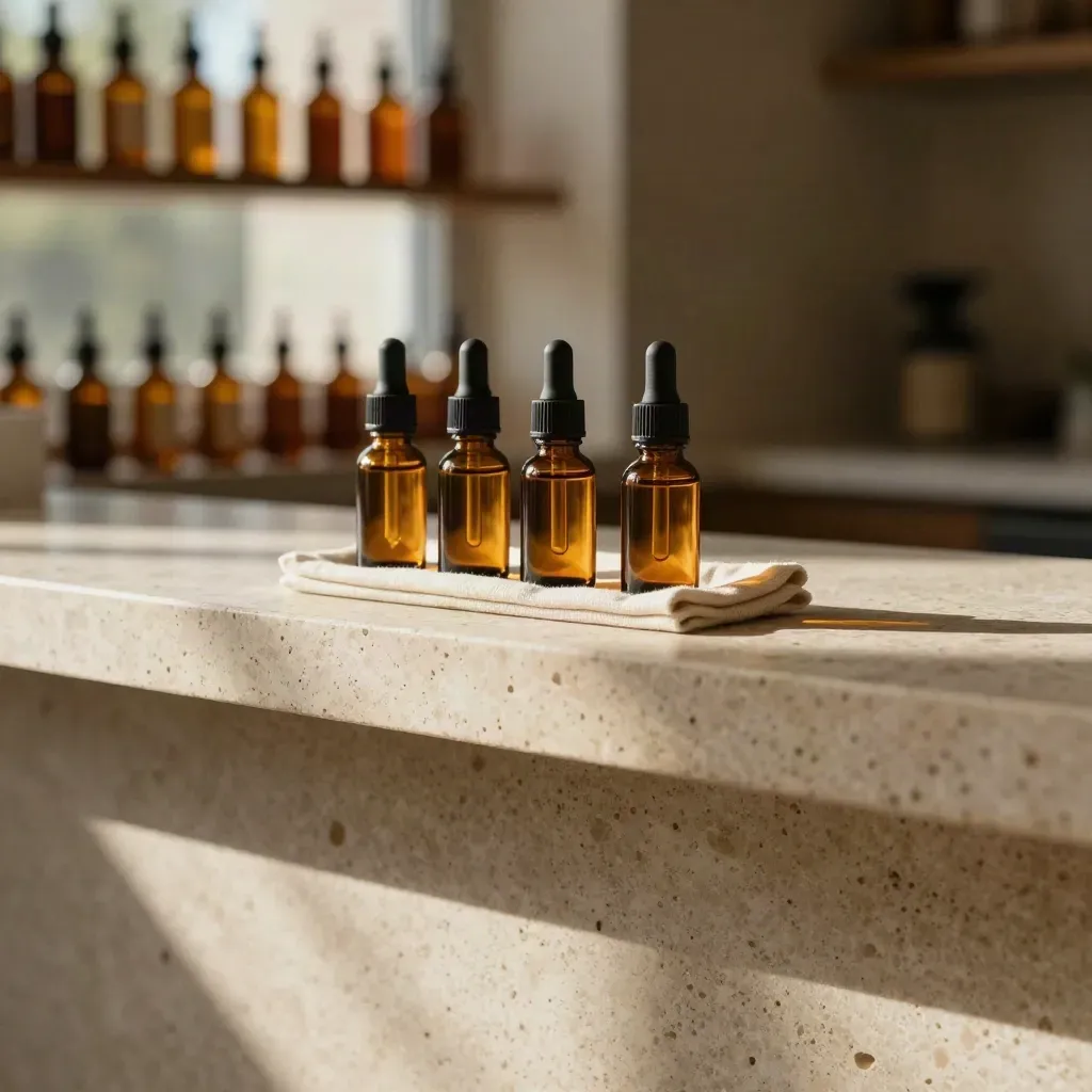 Amber CBD tincture bottles and glass jars on a sunlit travertine counter with calm copy space.