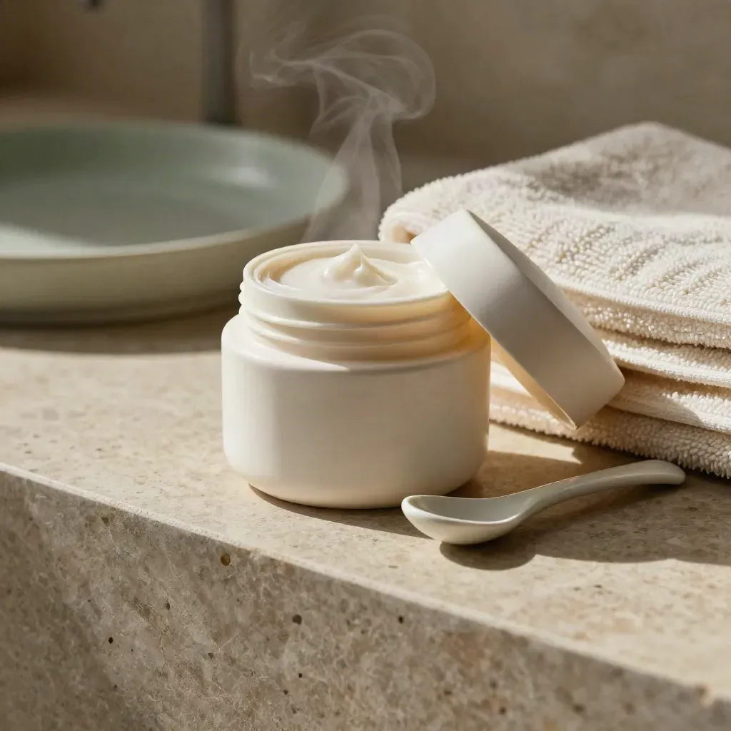 Unscented face cream jar, towel, and ceramic spoon in a calm spa-style studio setup.
