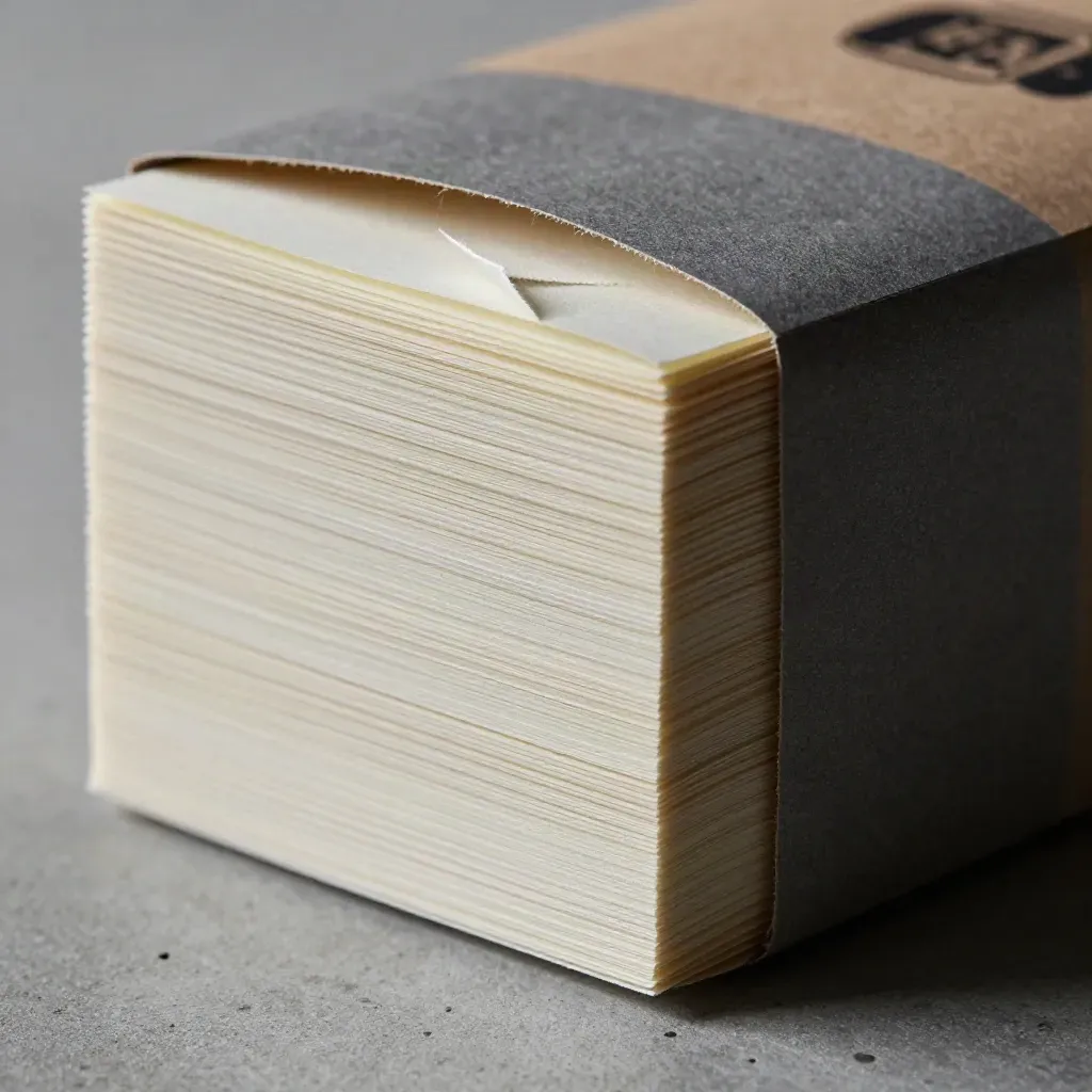 Top-down macro of blank adhesive label sheets with a curled corner and kraft sleeve.