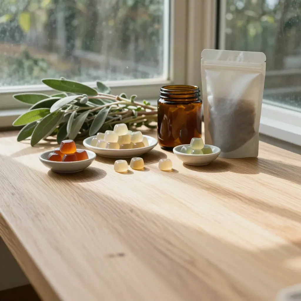 Oak tabletop with gummy bowls, amber jar, and leafy stems by a greenhouse window.