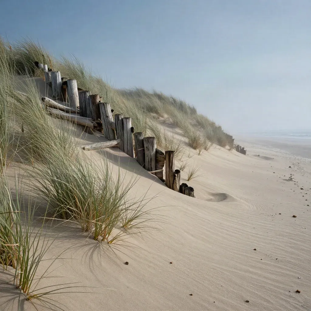 Windy coastal dunes with timber line and misty horizon, calm sand below for copy