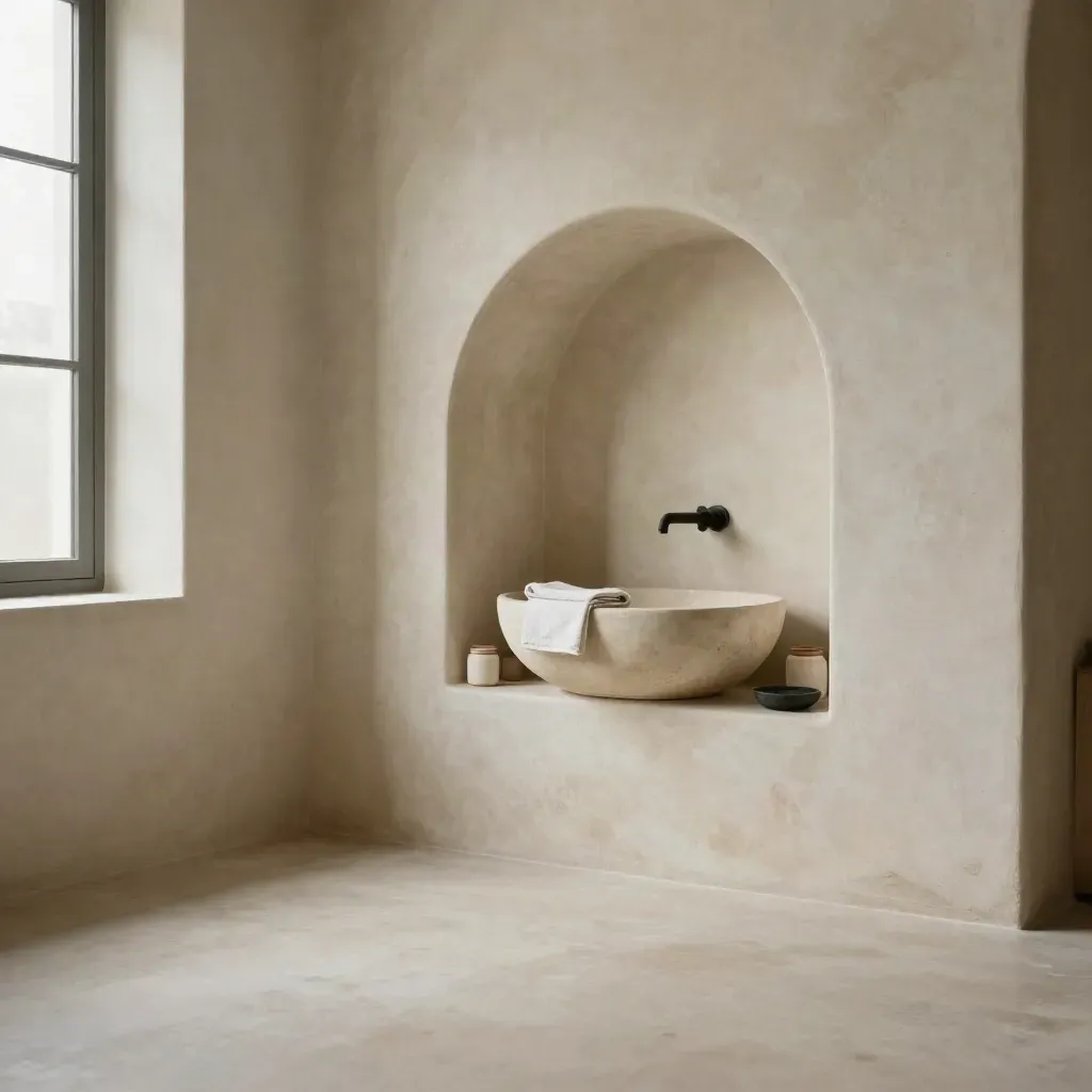 Limewashed arched niche, towels and stone basin with calm copy space below.