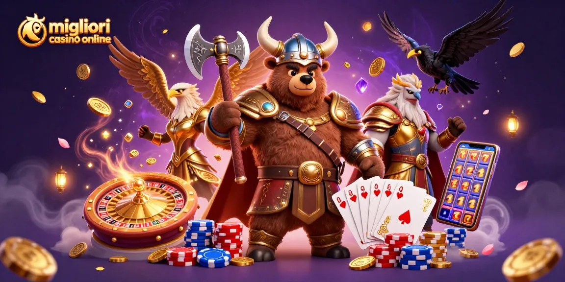 Interagisci con i migliori casinò online attraverso un'epica illustrazione 3D di un orso vichingo, un'aquila valchiria e rune luminose.