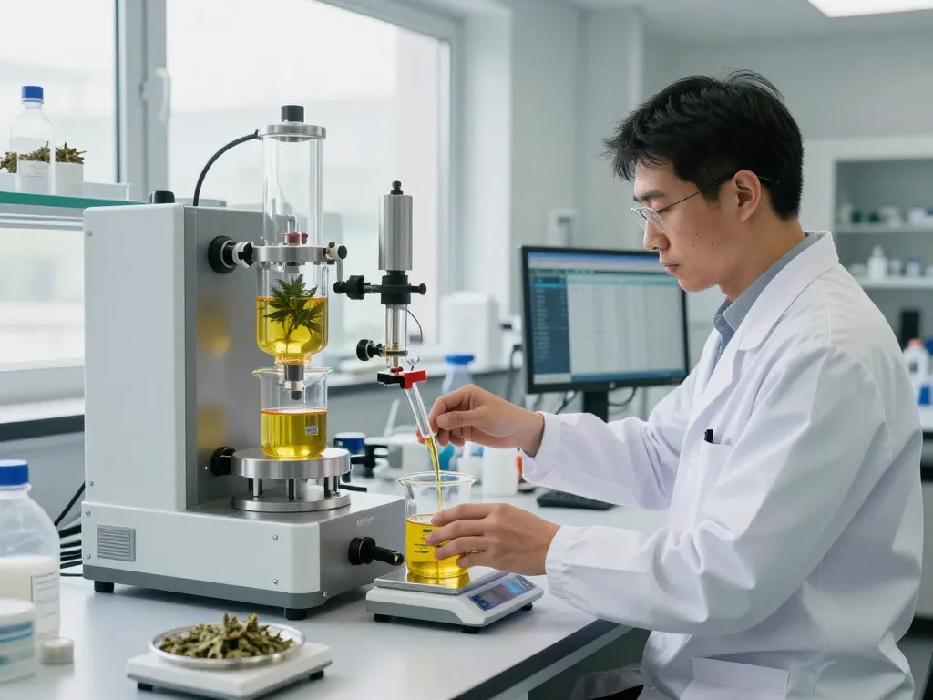 High-quality image of EU cannabinoid manufacturer lab showcasing extraction processes and vibrant oils.